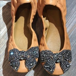Tory Burch Tan Ballet Flats with Embellished Bow Sz 7